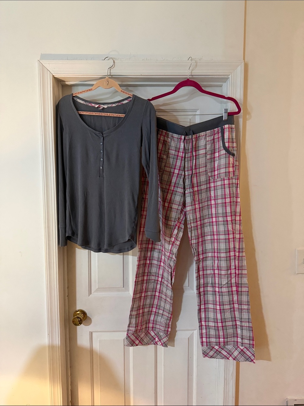 Victoria's Secret Gray Henley Top & Pink Plaid Pajama Pants Set